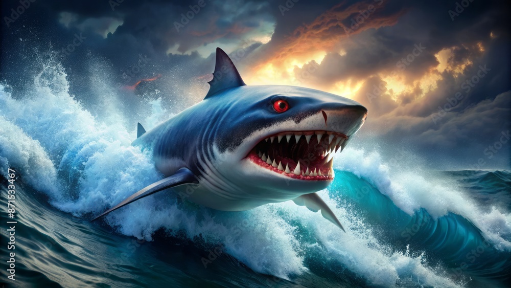 Obraz premium Aggressive aquatic predator with sharp teeth and glowing red eyes emerging from dark blue ocean depths with turbulent waves.