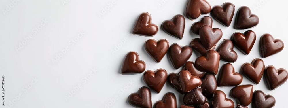 Two piles of chocolate hearts on separate white tables Two piles of chocolate hearts on separate white tables
