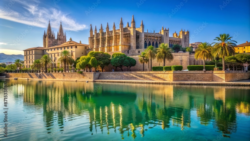 Majestic Gothic-style Cathedral of Santa Maria rises above Parc del Mar's tranquil lake and lush greenery in historic Palma de Mallorca. Majestic Gothic-style Cathedral of Santa Maria rises above Parc del Mar's tranquil lake and lush greenery in historic Palma de Mallorca.