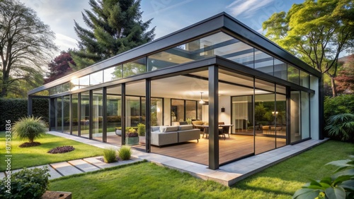 Contemporary aluminum-framed veranda extension seamlessly blends with existing residence, showcasing sleek lines, minimalist design, and abundant natural light.