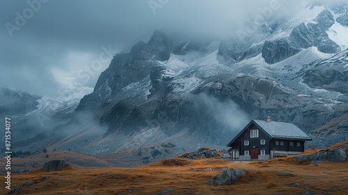 Cabin at the foot of snowy mountains, A solitary cabin stands in front of snow-capped mountains. dark moody atmosphere.