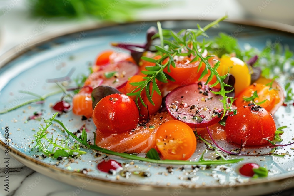 A blue plate with a variety of vegetables and a piece of salmon A blue plate with a variety of vegetables and a piece of salmon