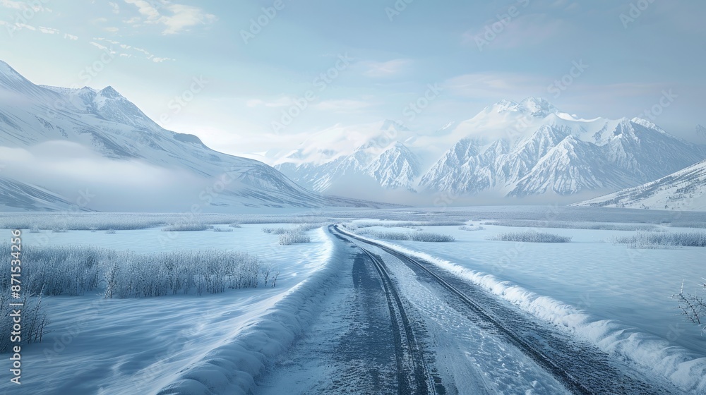 Snowy landscape with icy road
