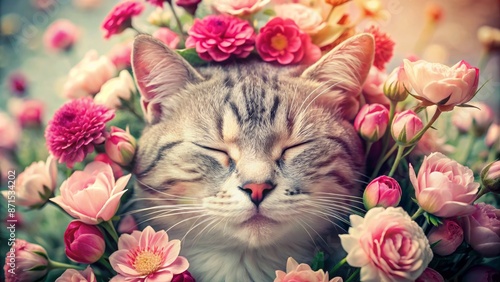 Adorable whiskered feline's serene face surrounded by vibrant pink blossoms, evoking warmth and tranquility on a sunny spring morning. © Wanlop