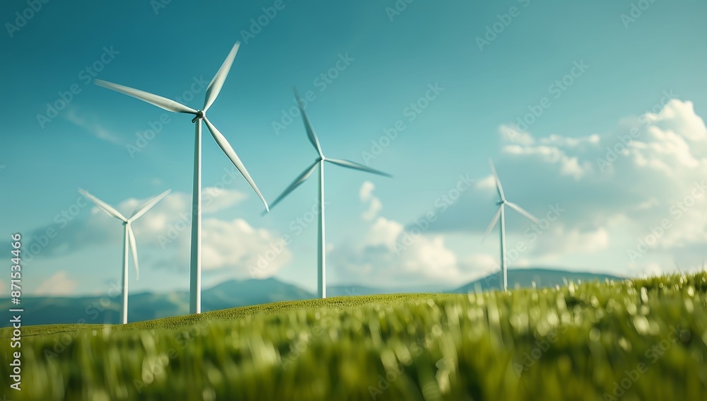 Three wind turbines are standing in a field of grass by AI generated image Three wind turbines are standing in a field of grass by AI generated image