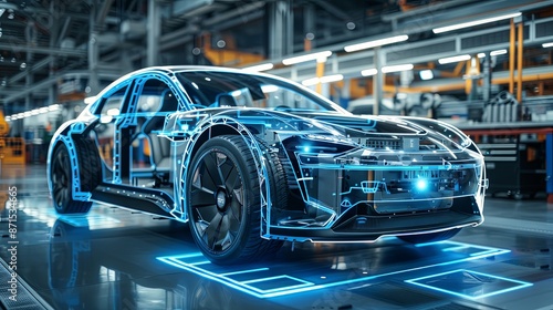 A sleek, futuristic car surrounded by digital design elements in a high-tech workshop environment, showcasing cutting-edge technology and engineering.