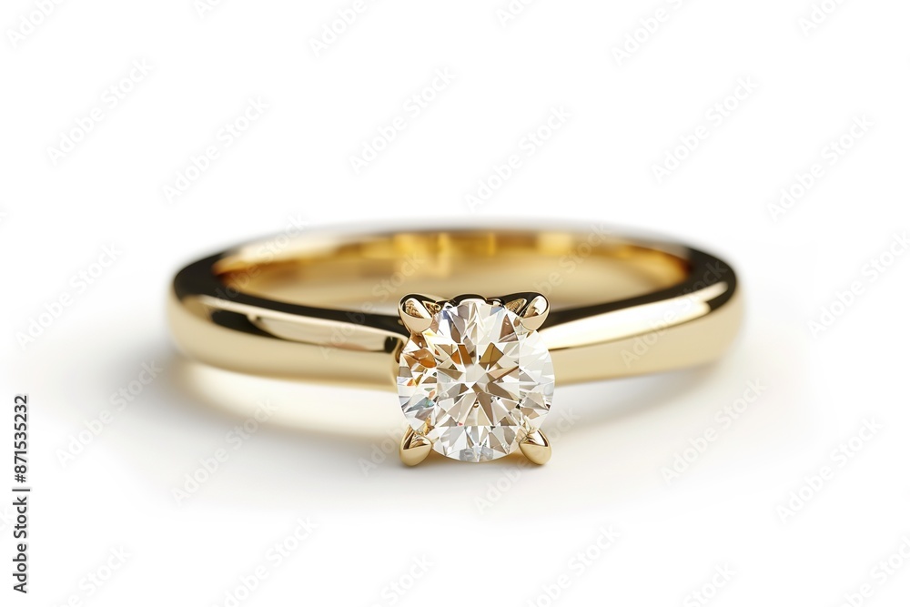 Gold ring with single round diamond, isolated on white. Gold ring with single round diamond, isolated on white.
