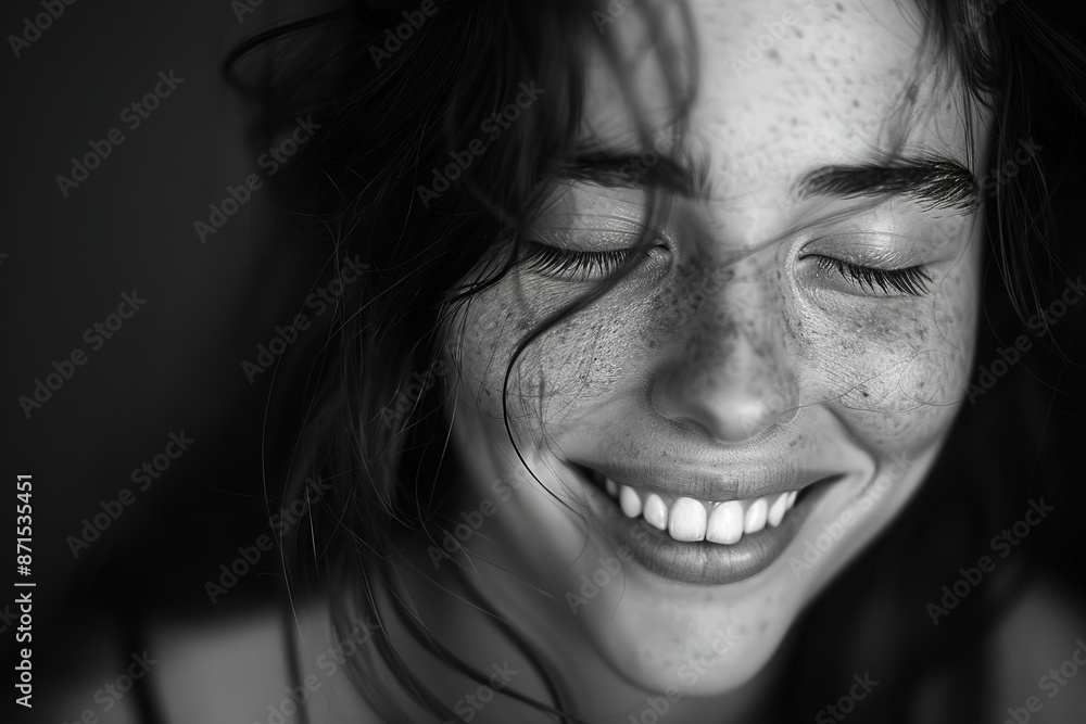 Black and white portrait of smiling woman with freckles. Black and white portrait of smiling woman with freckles.