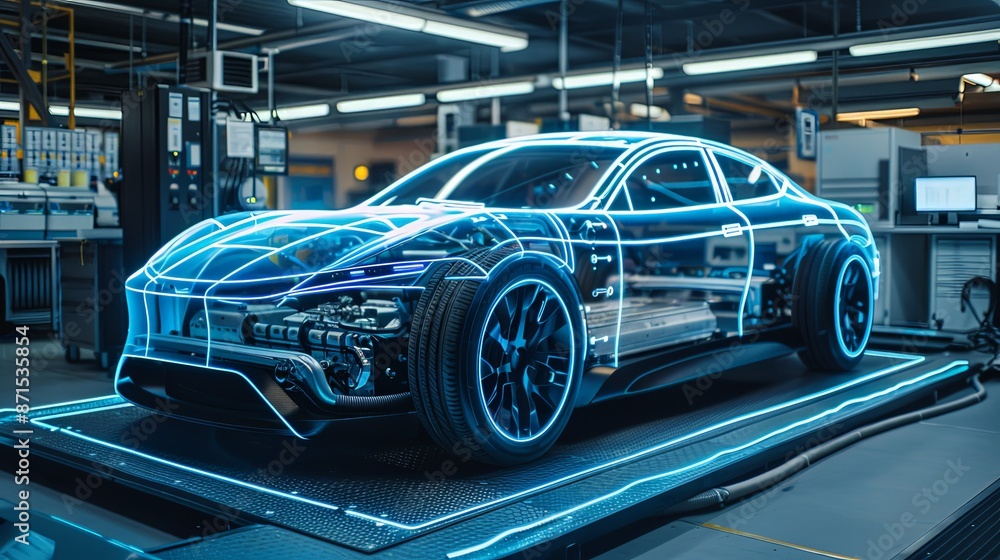 A futuristic electric vehicle is displayed with a transparent design, revealing advanced inner workings and emphasizing the innovative technology integrated into modern automotive designs. A futuristic electric vehicle is displayed with a transparent design, revealing advanced inner workings and emphasizing the innovative technology integrated into modern automotive designs.