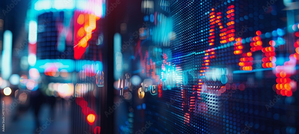 Close-up macro shot of the movement of a stock chart displayed on an LED screen showing a growth chart as an economic boom or bull market concept Close-up macro shot of the movement of a stock chart displayed on an LED screen showing a growth chart as an economic boom or bull market concept
