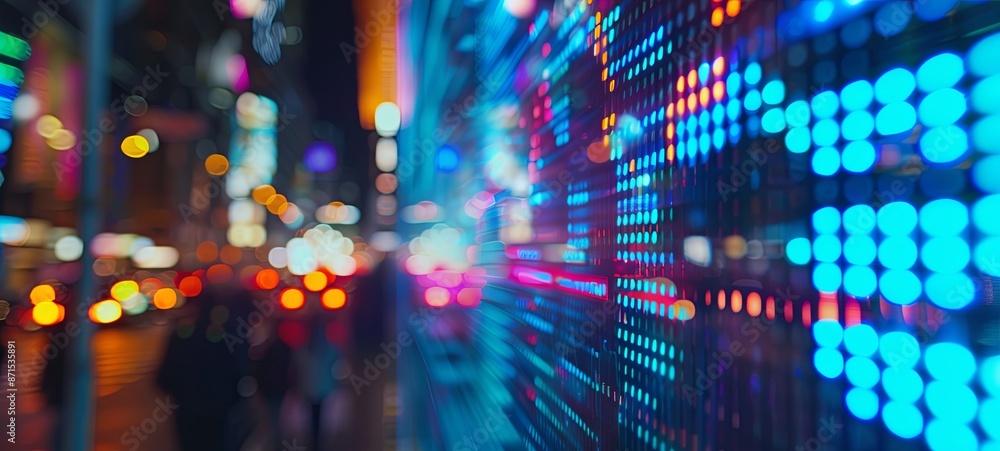Close-up macro shot of the movement of a stock chart displayed on an LED screen showing a growth chart as an economic boom or bull market concept Close-up macro shot of the movement of a stock chart displayed on an LED screen showing a growth chart as an economic boom or bull market concept