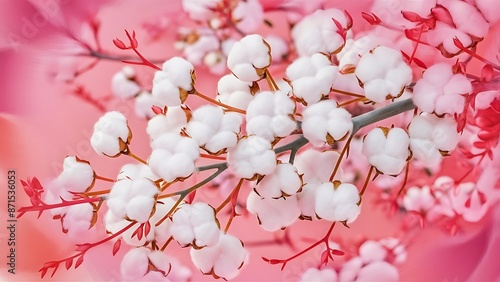Branch with cotton flowers on pink background