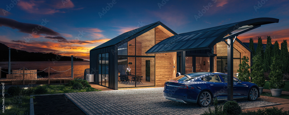 Luxury Seaside Vacation Home in Sustainable Construction by Night - panoramic 3D Visualization