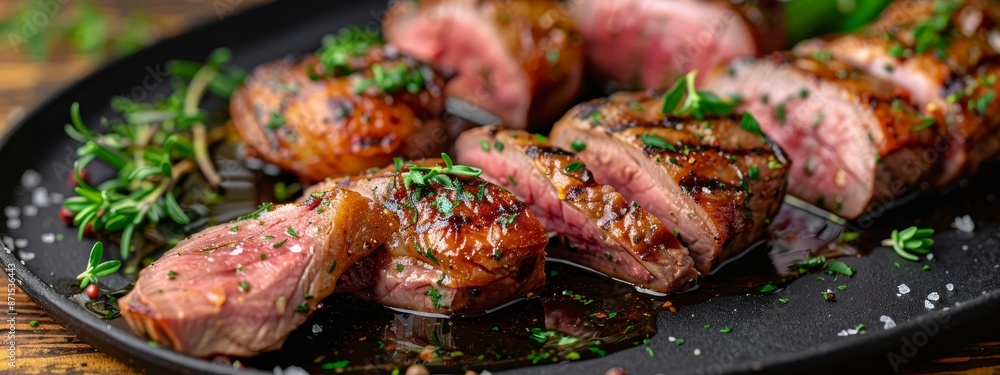 A black plate holds a dish of meat smothered in sauce, garnished with parsley springs atop a weathered wooden table A black plate holds a dish of meat smothered in sauce, garnished with parsley springs atop a weathered wooden table