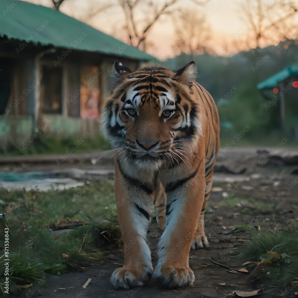 Obraz premium a tiger walking on the ground in the grass