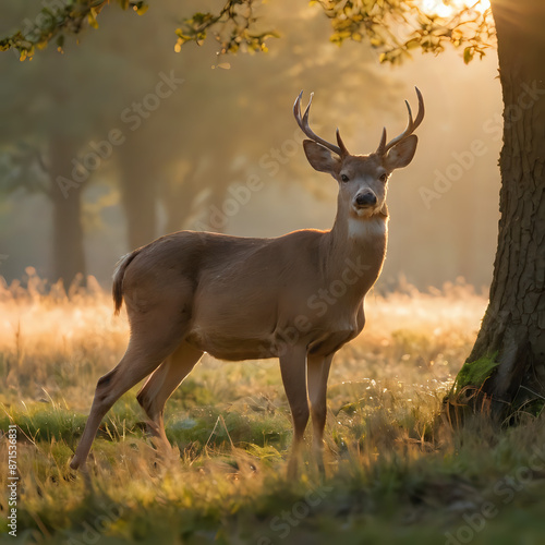 deer standing in the grass near a tree in the sun