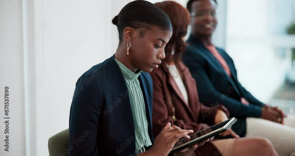 Woman, waiting and tablet for hiring in office with diversity, nervous for employment or onboarding process, Female person, scared and ebook for job research in workplace with group, anxious or edgy Woman, waiting and tablet for hiring in office with diversity, nervous for employment or onboarding process, Female person, scared and ebook for job research in workplace with group, anxious or edgy