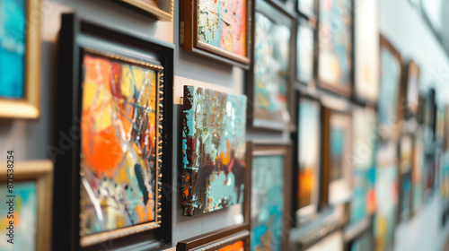 A gallery wall adorned with eclectic frames showcasing abstract artwork.