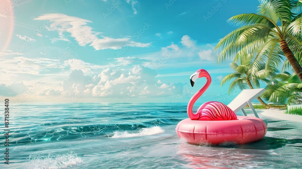 Summer flamingo float and sunchair at beach. Summer flamingo float and sunchair at beach.