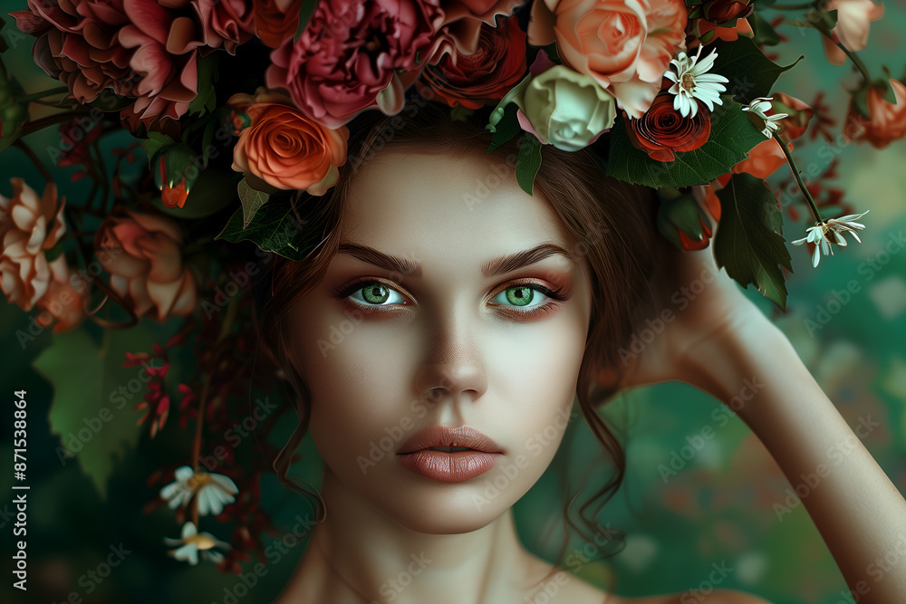 Portrait of a beautiful young girl in a wreath of bright flowers. Stylish fashion studio Portrait of a beautiful young girl in a wreath of bright flowers. Stylish fashion studio