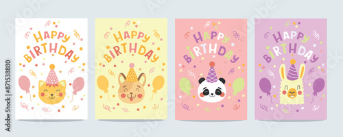 Childrens cute greeting card set. Birthday card with cute animals with party hats and balloons. Vector illustration template