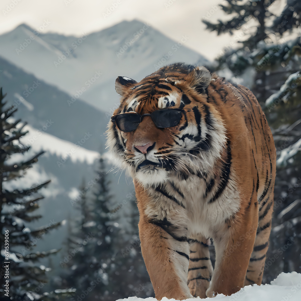 Obraz premium a tiger walking in the snow with mountains in the background