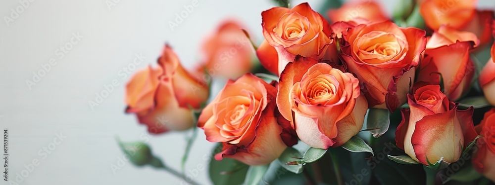 A vase holding several orange roses sits atop a pristine white table, positioned against a backdrop of an unadorned white wall A vase holding several orange roses sits atop a pristine white table, positioned against a backdrop of an unadorned white wall