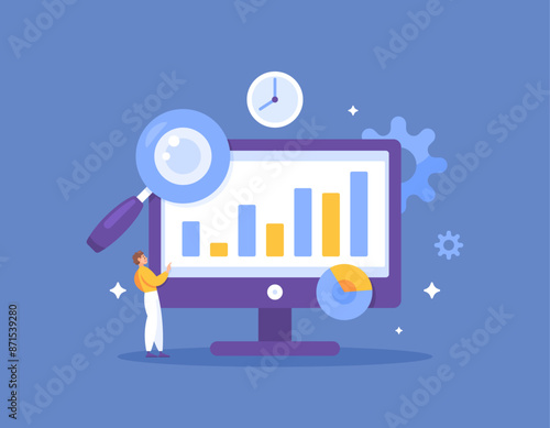 real time analytics concept. the process of collecting data as it becomes available and analyzing it in real time. illustration of a data analyst analyzing and processing data. flat style design