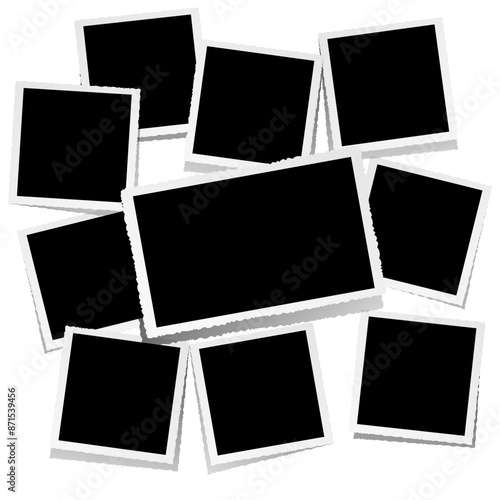 Nine square and one horizontal empty photo frames