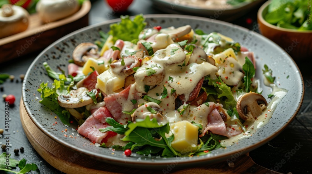 French cuisine. Salad of mushrooms, ham, gruyere with sauce. French cuisine. Salad of mushrooms, ham, gruyere with sauce.