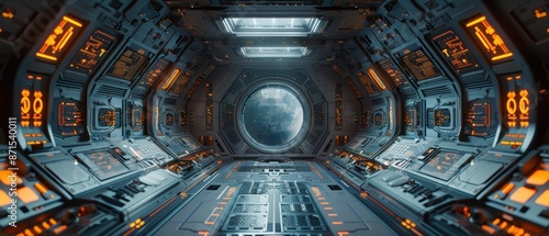 Futuristic spaceship interior with glowing control panels and a view of a planet through the window, creating a sci-fi ambiance.