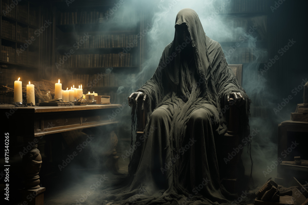 A Ghostly Librarian In A Spooky and Old Library A Ghostly Librarian In A Spooky and Old Library