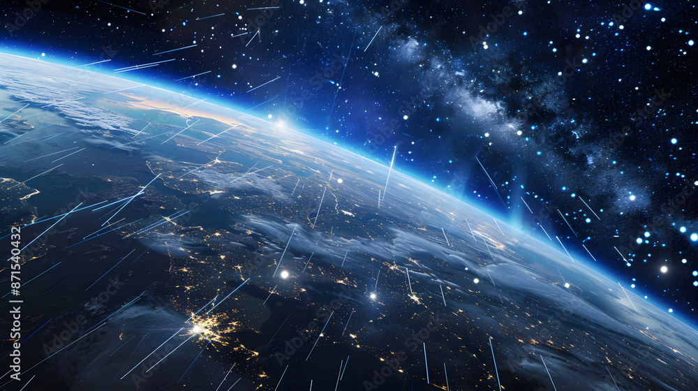 view from space of starlink satelites streaming from left to right of ...