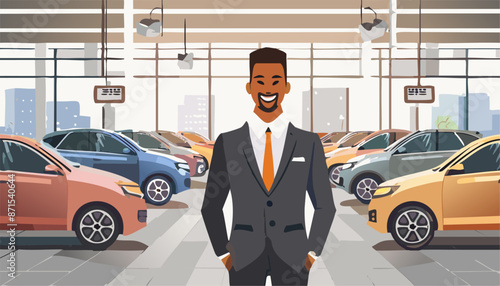 car salesman stand near new modern auto, inside a dealership showroom. Vector illustration