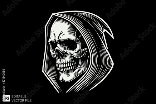 Grim reaper head illustration black and white vector design