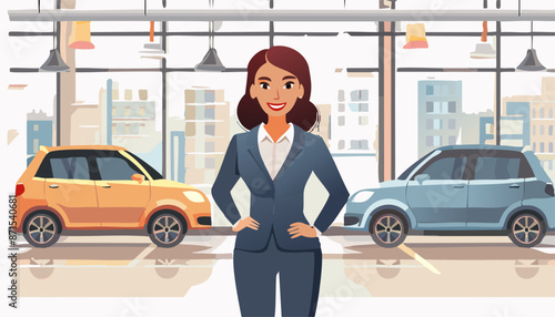 smiling female dealer  standing near modern automobile in car showroom dealership store. vector illustration
