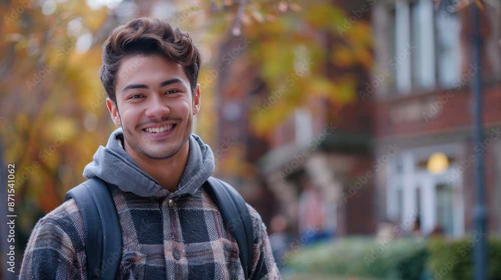 Portrait of happy student with backpack in front of university building Portrait of happy student with backpack in front of university building