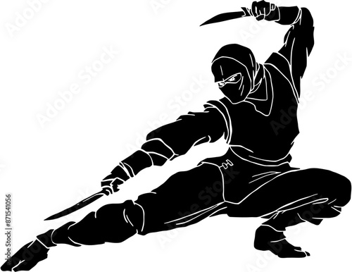 Ninjutsu fighter. Ninja, Japanese wrestler. Japan martial art. Asian warrior in mask, wrestling pose, stance, defending position, posture. vector illustration isolated on white background