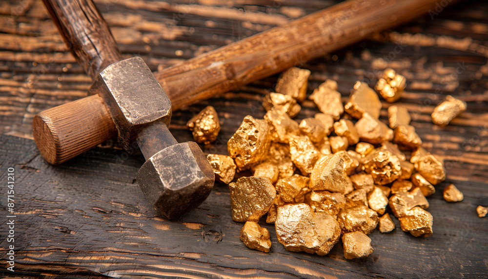 Pile of gold nuggets and hammer on wooden table, flat lay Pile of gold nuggets and hammer on wooden table, flat lay