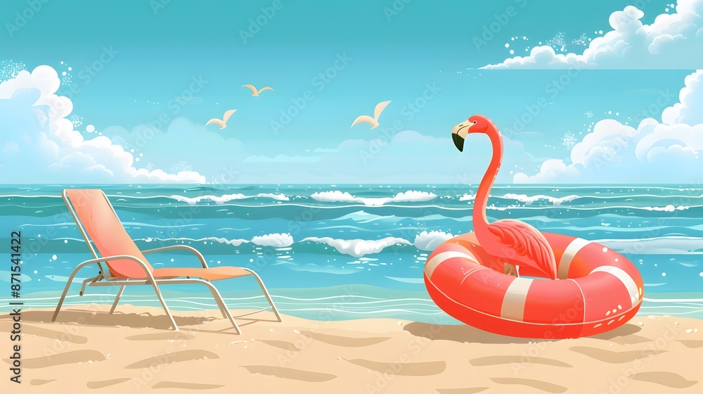 Summer flamingo float and sunchair at beach. Summer flamingo float and sunchair at beach.