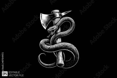 Illustration of snake tied in axe vector design