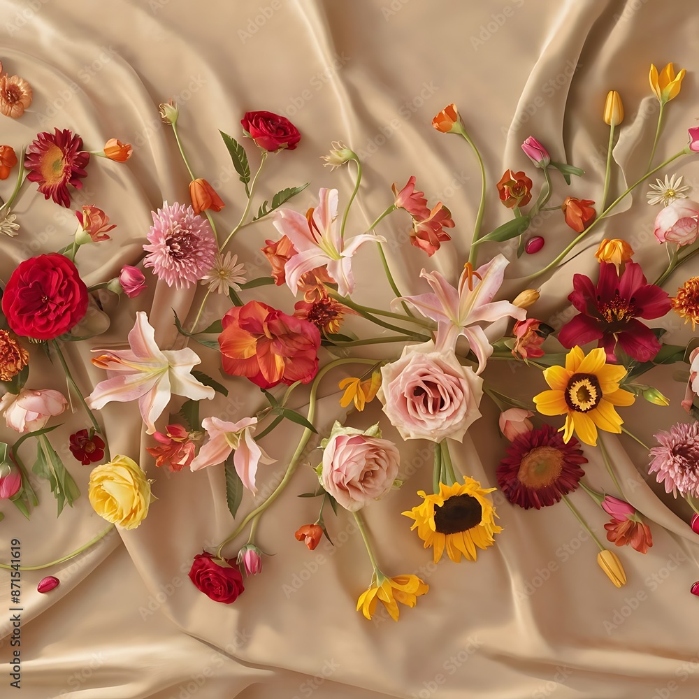 Fototapeta premium Different beautiful flowers scattered on beige background
