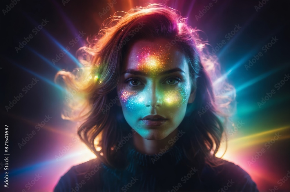 Young woman with colorful glitter makeup in rainbow light on blurred background Young woman with colorful glitter makeup in rainbow light on blurred background