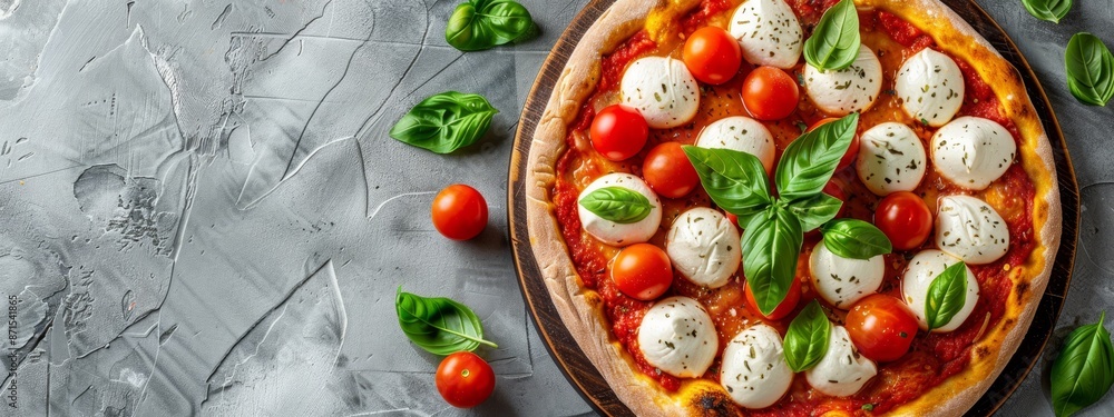 Mozzarella, tomatoes, basil against gray backdrop with green leafy accents Mozzarella, tomatoes, basil against gray backdrop with green leafy accents