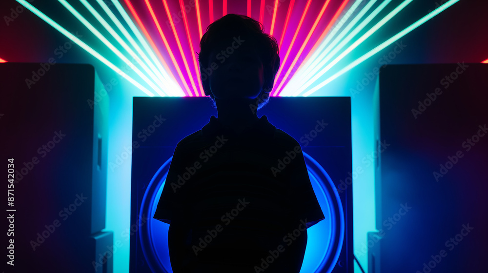 Silhouette of a young boy in front of an exaggeratedly large speaker with neon lights illuminating him from behind. Silhouette of a young boy in front of an exaggeratedly large speaker with neon lights illuminating him from behind.