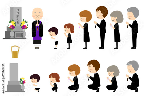 法事で墓参りに来た三世帯家族セット