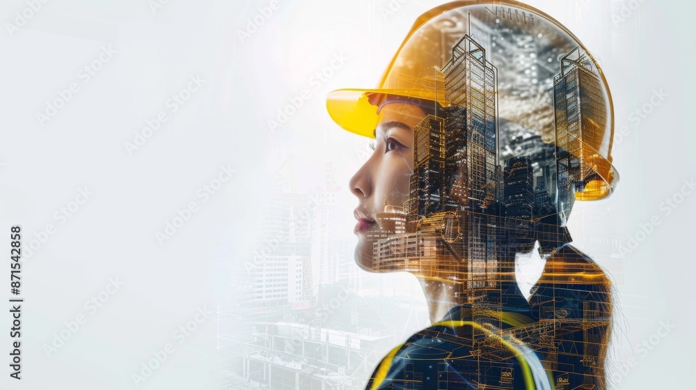 Double exposure of female engineer in yellow helmet with cityscape and digital blueprint sketch. Side view portrait illustrating future architecture technology and women in the real estate industry. Double exposure of female engineer in yellow helmet with cityscape and digital blueprint sketch. Side view portrait illustrating future architecture technology and women in the real estate industry.