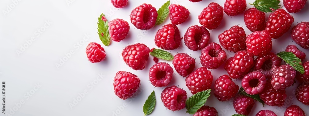 A cluster of raspberries with their green leaves against a white backdrop, a single green leaf resting atop the berries A cluster of raspberries with their green leaves against a white backdrop, a single green leaf resting atop the berries