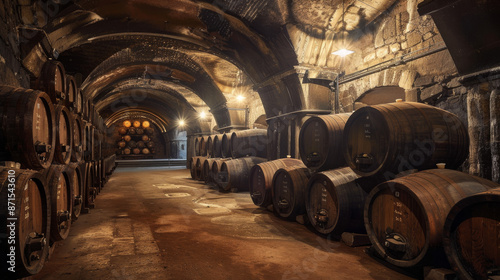 Porto, Portugal: A vast cellar with numerous oak barrels holds aging port wine in dimly lit corridors.