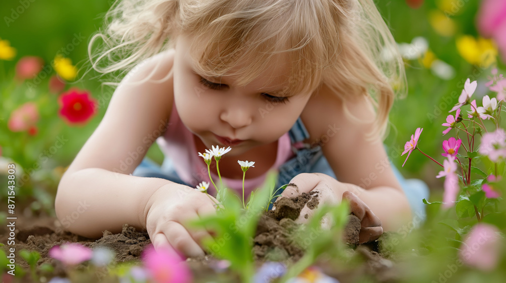 Blonde girl immerses in the joy of gardening, tenderly nurturing a seedling amidst blooming florals. Blonde girl immerses in the joy of gardening, tenderly nurturing a seedling amidst blooming florals.